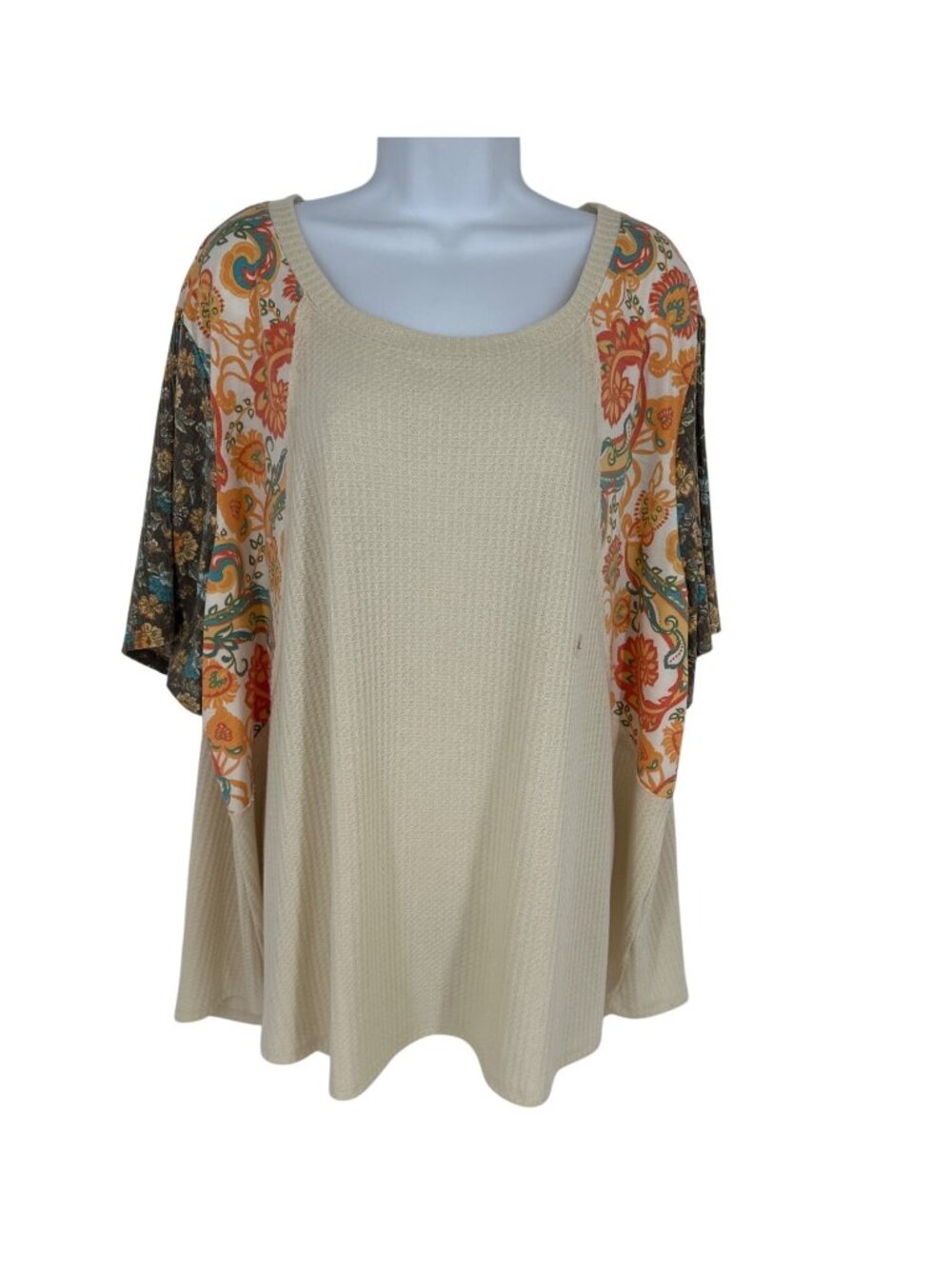 Cato Floral & Waffle Knit Top With Mixed Print Sleeves Beige & Multicolor XL